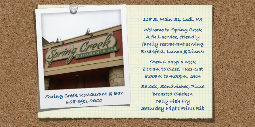 Spring Creek Restaurant | 118 S Main St, Lodi, WI 53555, USA | Phone: (608) 592-0600