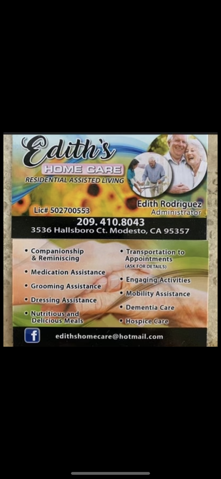 Ediths home care | 3536 Hallsboro Ct, Modesto, CA 95357, USA | Phone: (209) 567-2423