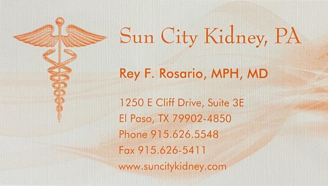 Sun City Kidney, PA: Rey Rosario, MD | 1250 E Cliff Dr #3e, El Paso, TX 79902, USA | Phone: (915) 626-5548