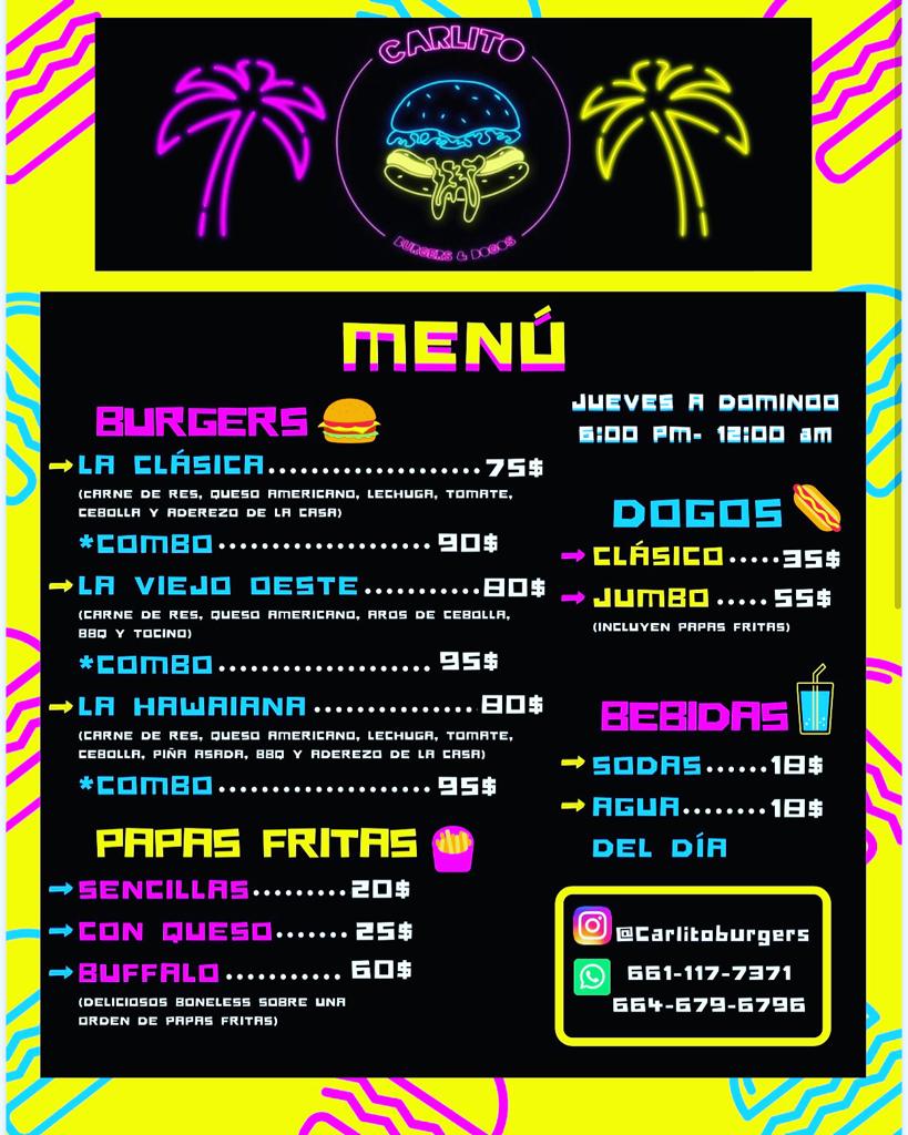 Carlito Burger & Dogos | C. Del Ciprés 2686, Centro Playas, 22700, Centro Playas, 22710 Rosarito, B.C., Mexico | Phone: 664 679 6796