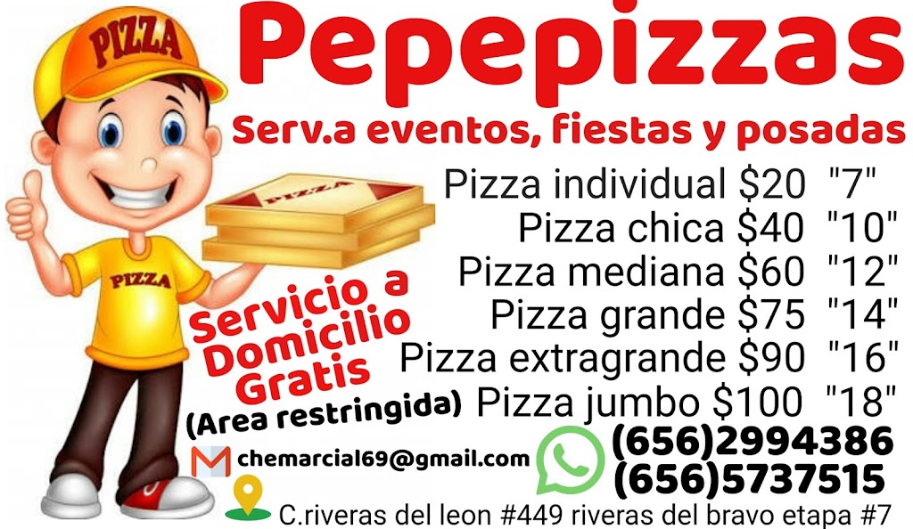 Pepepizzas | Ribera de Los Olivos 348, Riberas del Bravo, etapa 7 Cd Juárez, Tamps., Mexico | Phone: 656 573 7515
