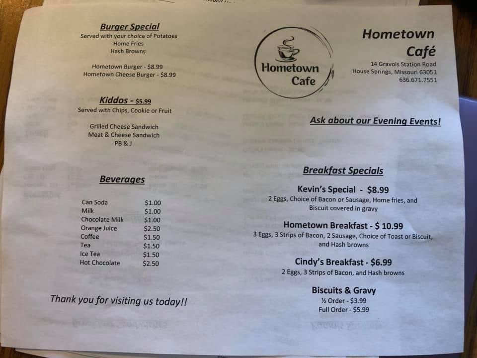 Hometown Cafe | 14 Gravois Station Rd, House Springs, MO 63051 | Phone: (636) 671-7551