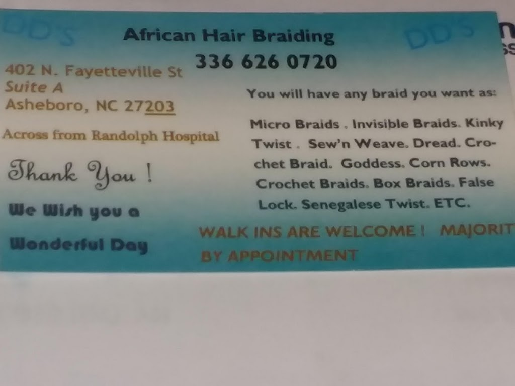 D Ds African Hair Braiding | 402 N Fayetteville St # A, Asheboro, NC 27203, USA | Phone: (336) 626-0720