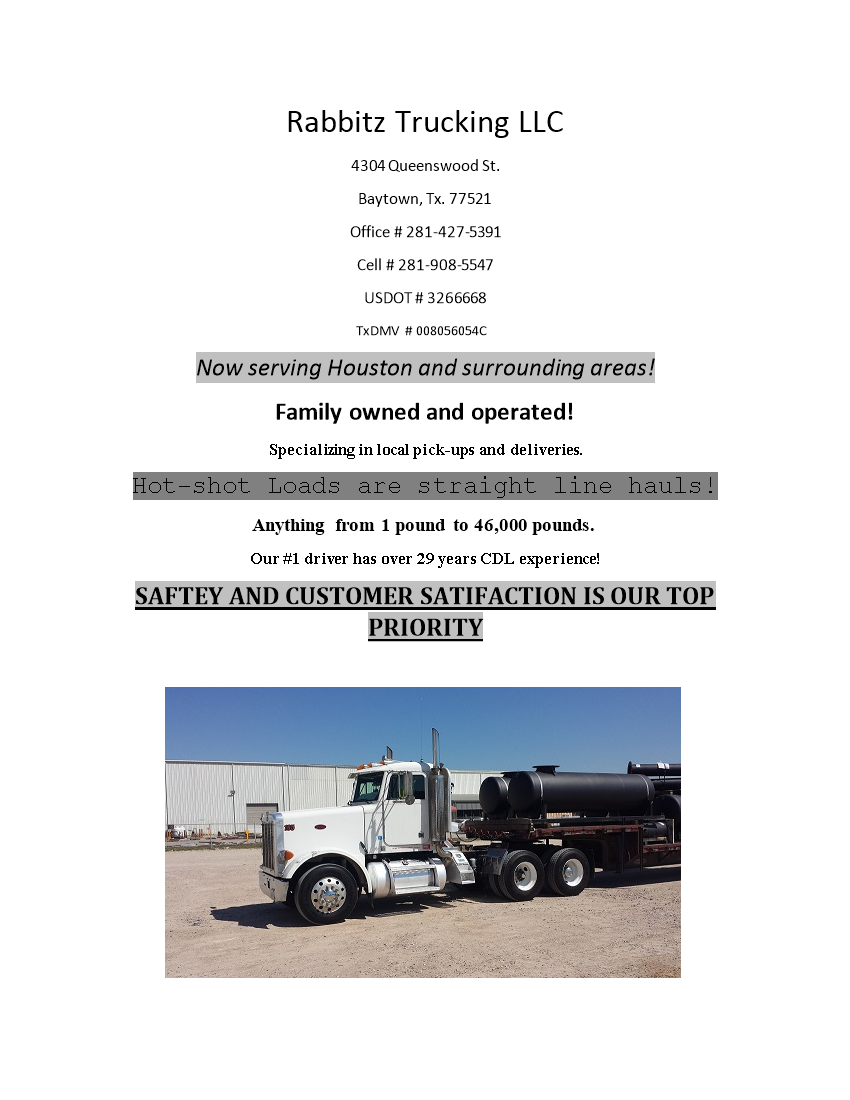 Rabbitz Trucking LLC | 4304 Queenswood St, Baytown, TX 77521 | Phone: (281) 908-5547