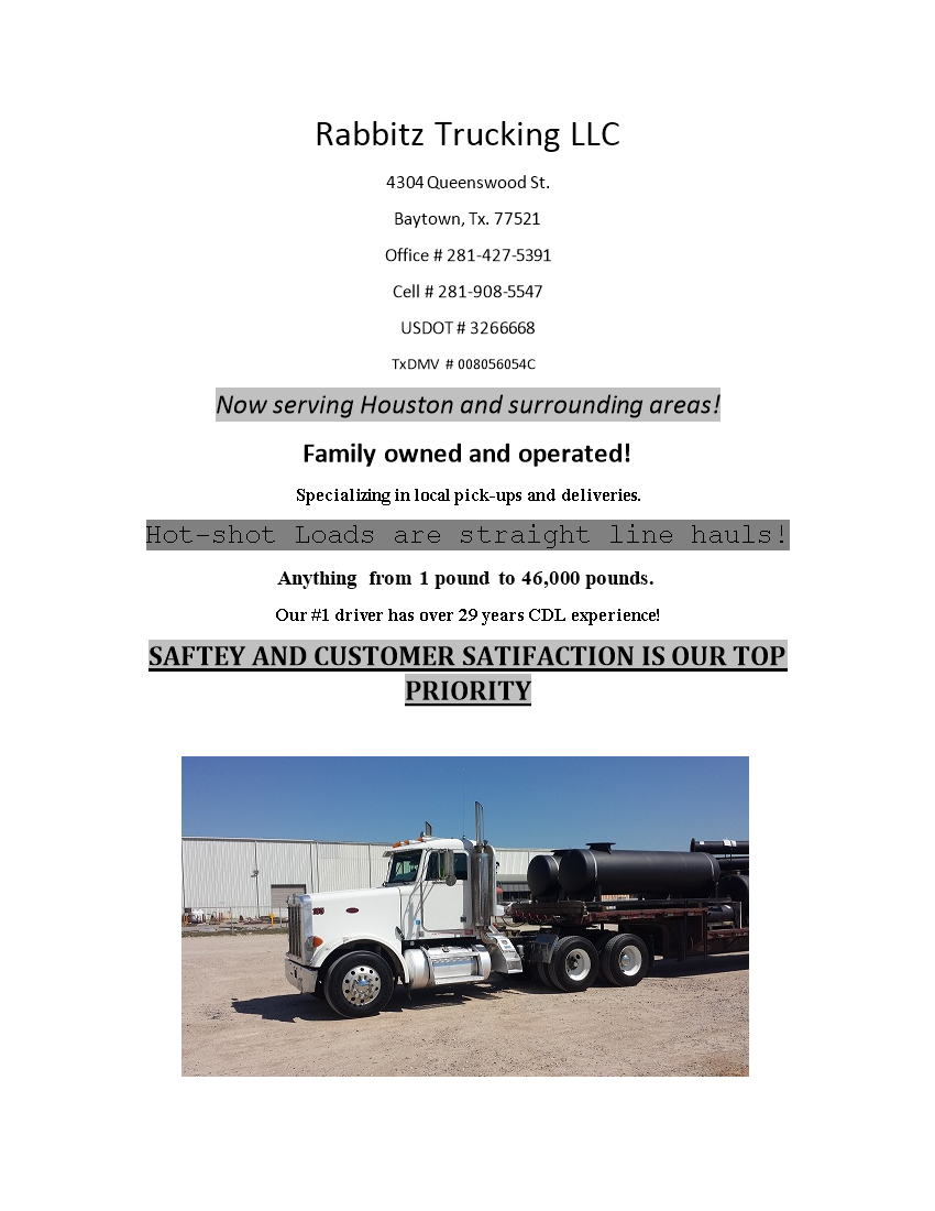 Rabbitz Trucking LLC | 4304 Queenswood St, Baytown, TX 77521, USA | Phone: (281) 908-5547