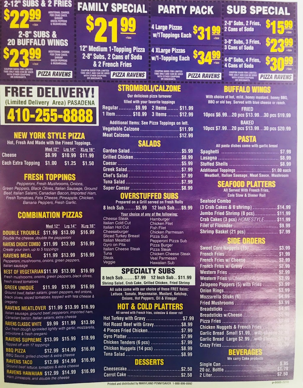 Pizza Ravens | 8611 Fort Smallwood Rd, Pasadena, MD 21122, USA | Phone: (410) 255-8888