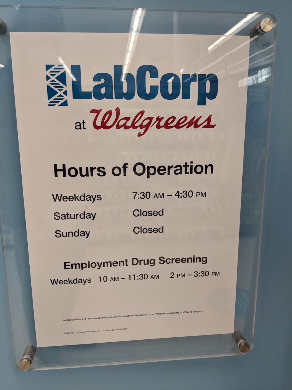 Labcorp at Walgreens | 511 W Williams St, Apex, NC 27502, USA | Phone: (919) 709-0628