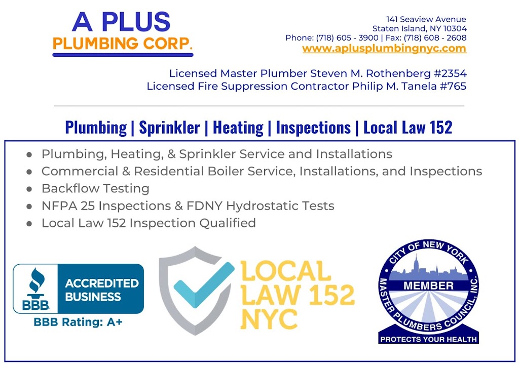 A Plus Plumbing Corp. | 141 Seaview Ave, Staten Island, NY 10304 | Phone: (718) 605-3900