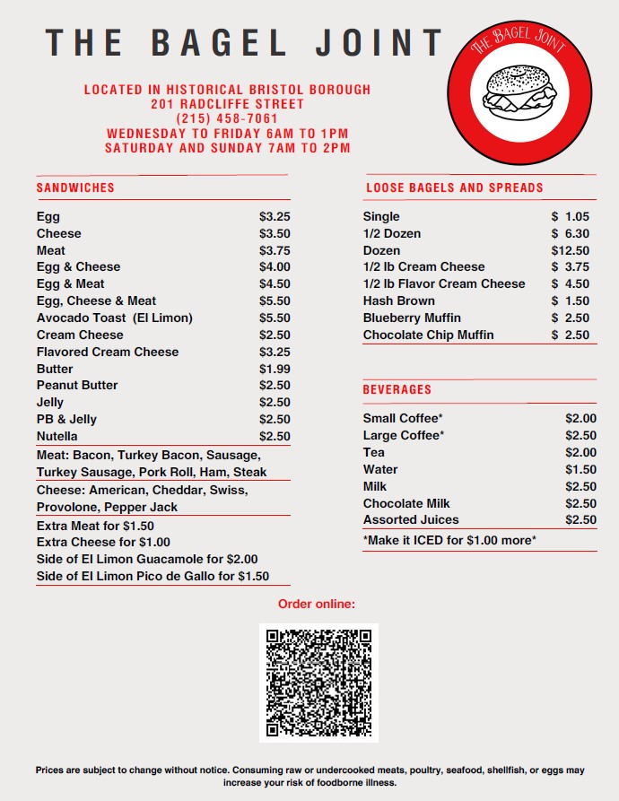 The Bagel Joint | 201 Radcliffe St, Bristol, PA 19007, USA | Phone: (215) 458-7061