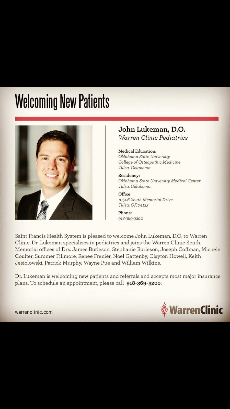 Dr. John Lukeman, Warren Clinic Pediatrics | 10506 S Memorial Dr, Tulsa, OK 74133 | Phone: (918) 369-3200