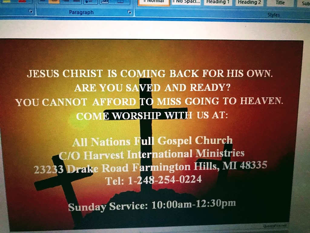 ALL NATIONS FULL GOSPEL CHURCH DETROIT | c/o HIM, 23233 Drake Rd, Farmington Hills, MI 48335 | Phone: (248) 254-0224