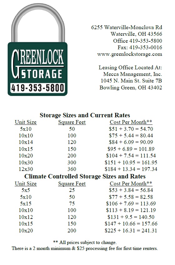 Greenlock Storage at Waterville | 6255 Waterville Monclova Rd, Waterville, OH 43566, USA | Phone: (419) 353-5800
