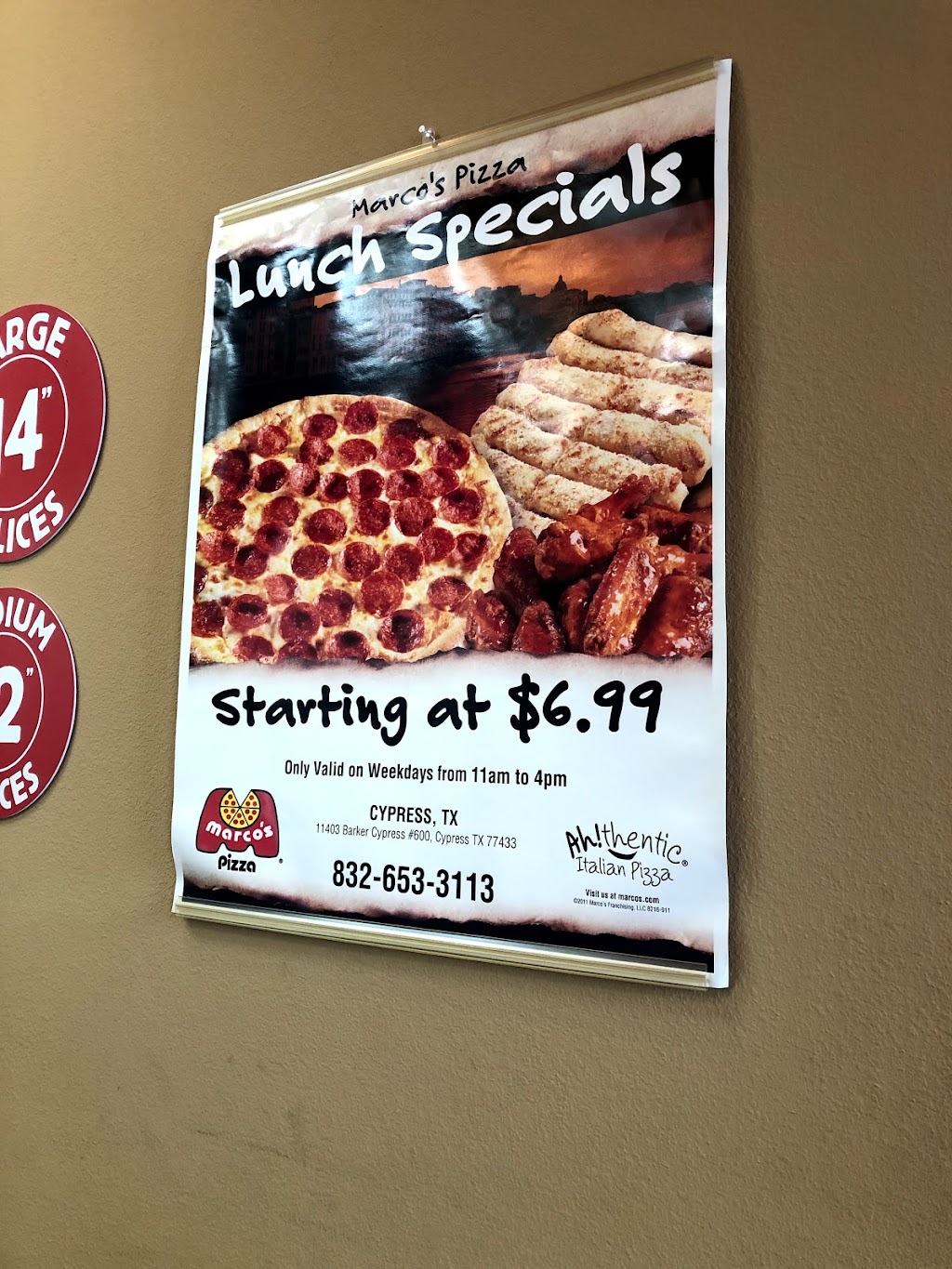 Marcos Pizza | 11403 Barker Cypress Rd Suite 600, Cypress, TX 77433, USA | Phone: (832) 653-3113