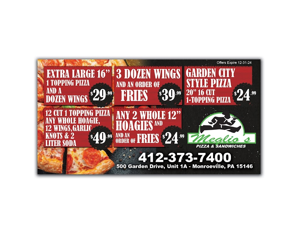 Meglios Pizza & Sandwiches | 500 Garden City Dr #1a, Monroeville, PA 15146, USA | Phone: (412) 373-7507