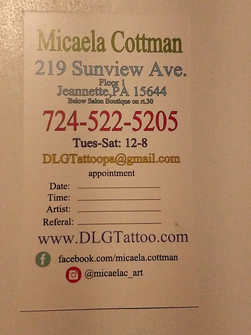 DLG Tattoo Studio | 1218 Lowry Ave, Jeannette, PA 15644, USA | Phone: (724) 771-3875