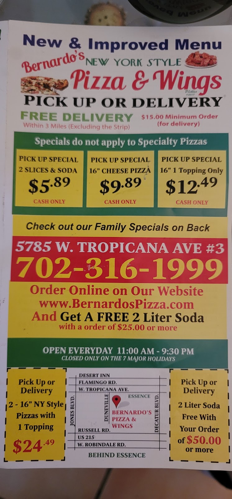 Bernardos Pizza & Wings | 5785 W Tropicana Ave #3, Las Vegas, NV 89103, USA | Phone: (702) 316-1999