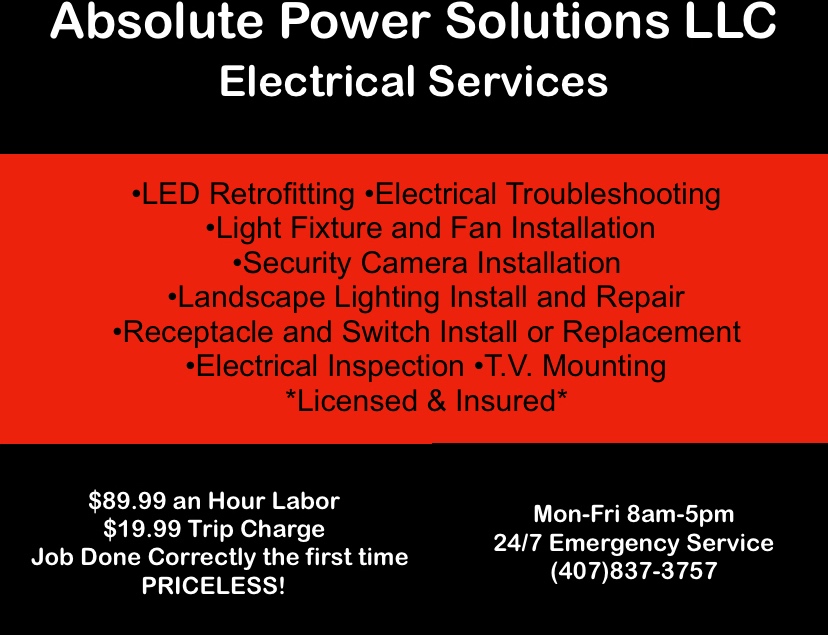Absolute Power Solutions LLC | 1719 W Virginia Dr, Kissimmee, FL 34744 | Phone: (407) 837-3757