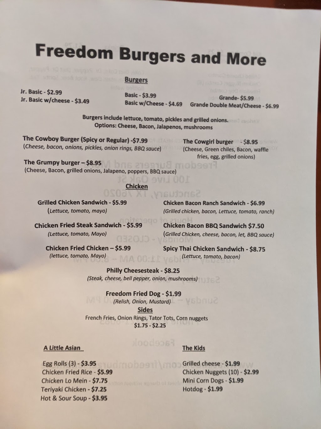 Freedom burgers & more | 100 Live Oak St, Sanctuary, TX 76020, USA | Phone: (817) 221-6085