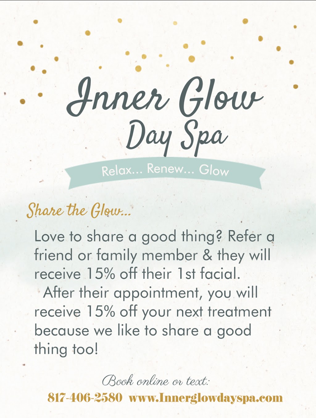 Inner Glow Day Spa | 3549 Grapevine Mills Pkwy Suite 424, Grapevine, TX 76051, USA | Phone: (817) 406-2580