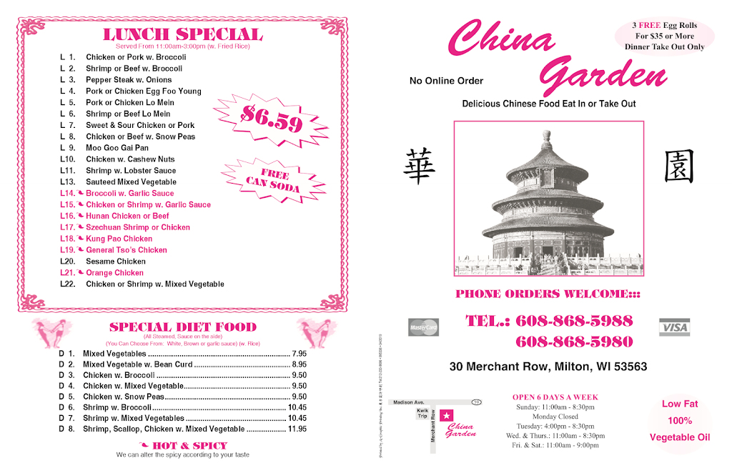 China Garden Restaurant | 30 Merchant Row, Milton, WI 53563, USA | Phone: (608) 868-5988