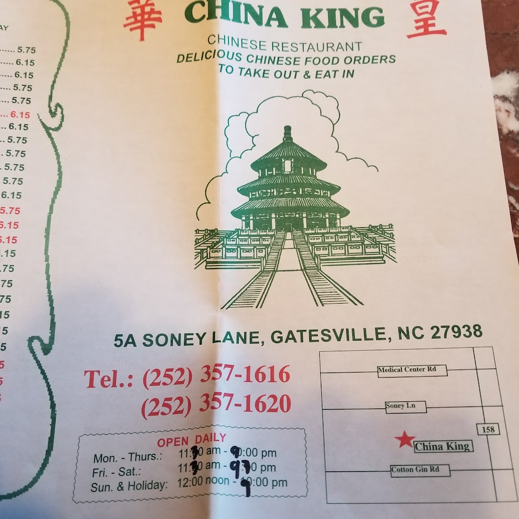 China King | 5a, 5a Sony lane, Gatesville, NC 27938, USA | Phone: (252) 357-1616