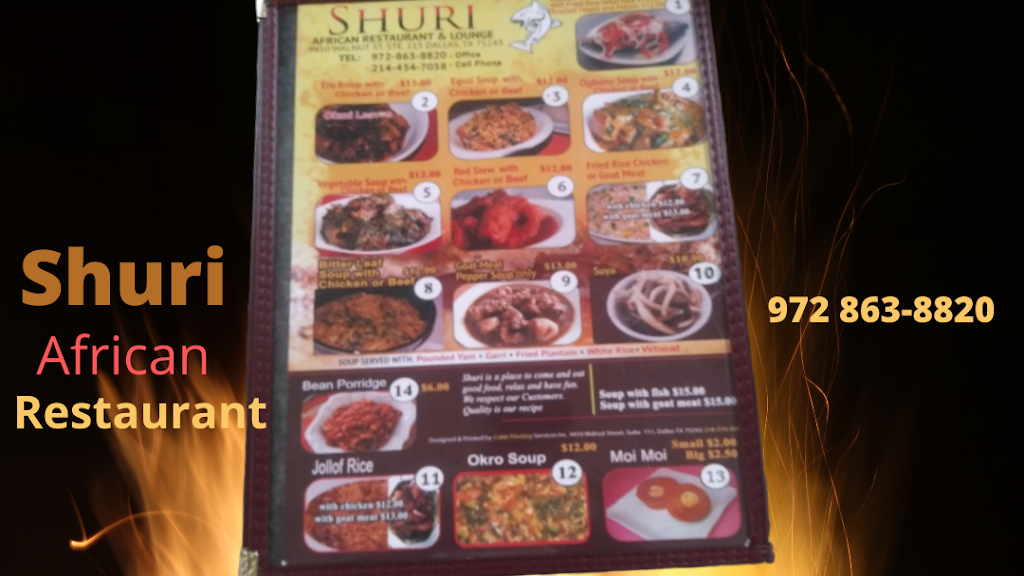 Shuri African Restaurant | 9410 Walnut St, Dallas, TX 75243, USA | Phone: (972) 863-8820