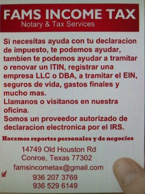 FAMS Income Tax & Insurance Agency LLC | 14749 Old Houston Rd, Conroe, TX 77302, USA | Phone: (936) 207-3769