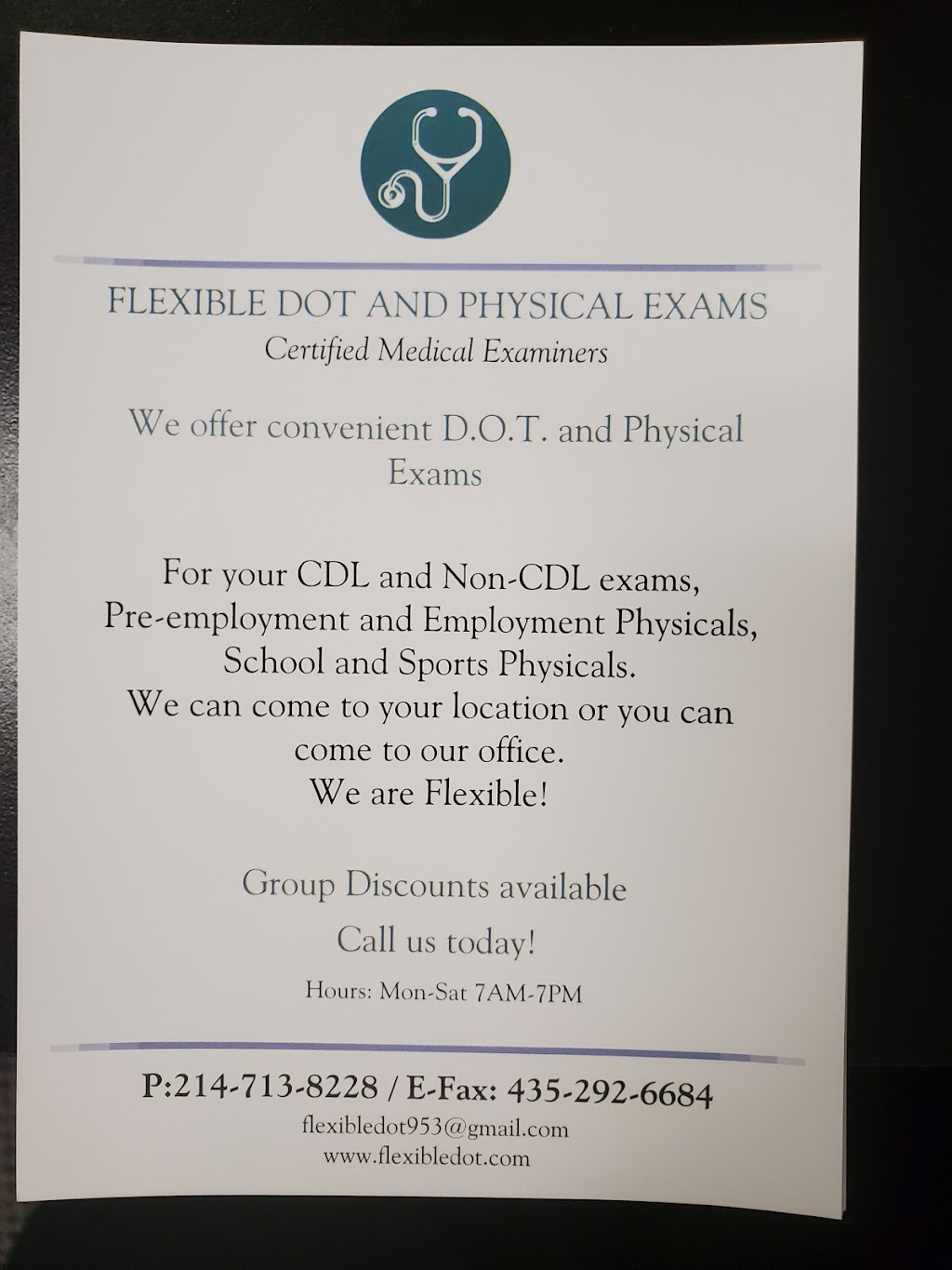 Flexible D.O.T and Physical Exams | NORTH BUILDING, 9304 Forest Ln SUITE N177, Dallas, TX 75243, USA | Phone: (214) 713-8228