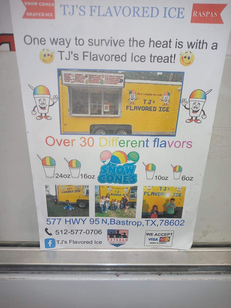 Tj’s Flavored Ice | 120 Arrowhead Dr, Smithville, TX 78957, USA | Phone: (936) 228-9599