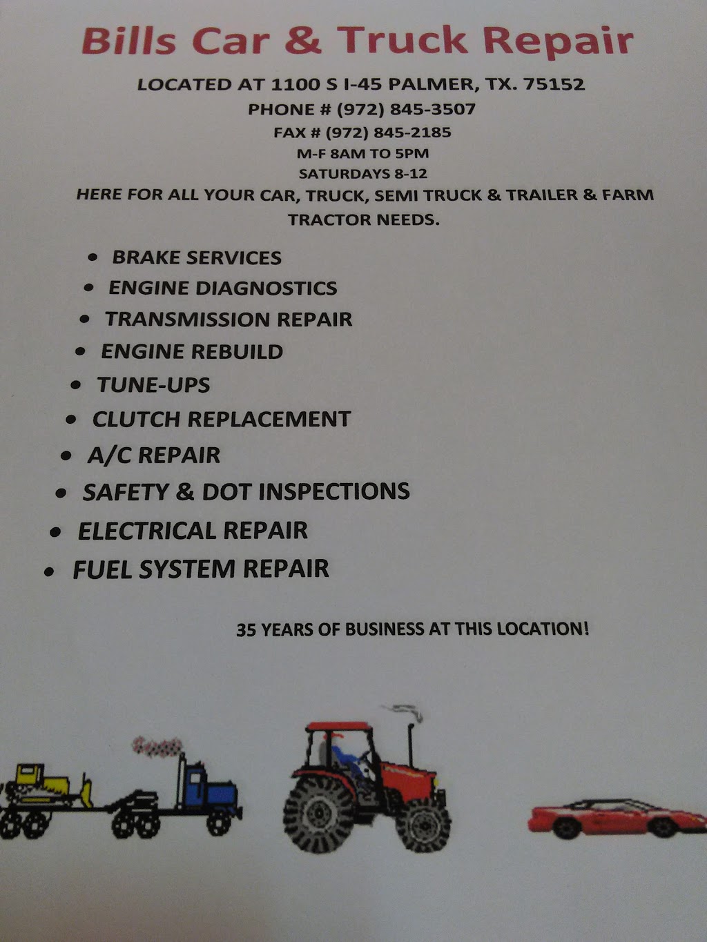Bills Auto & Truck Repair | 1100 I-45, Palmer, TX 75152, USA | Phone: (972) 845-3507
