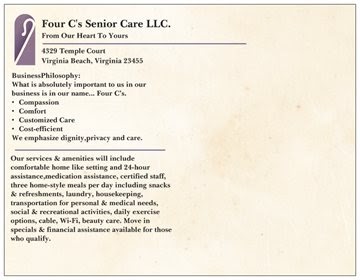 Four Cs Senior Care | 0, Virginia Beach, VA 23455, USA | Phone: (757) 932-0412
