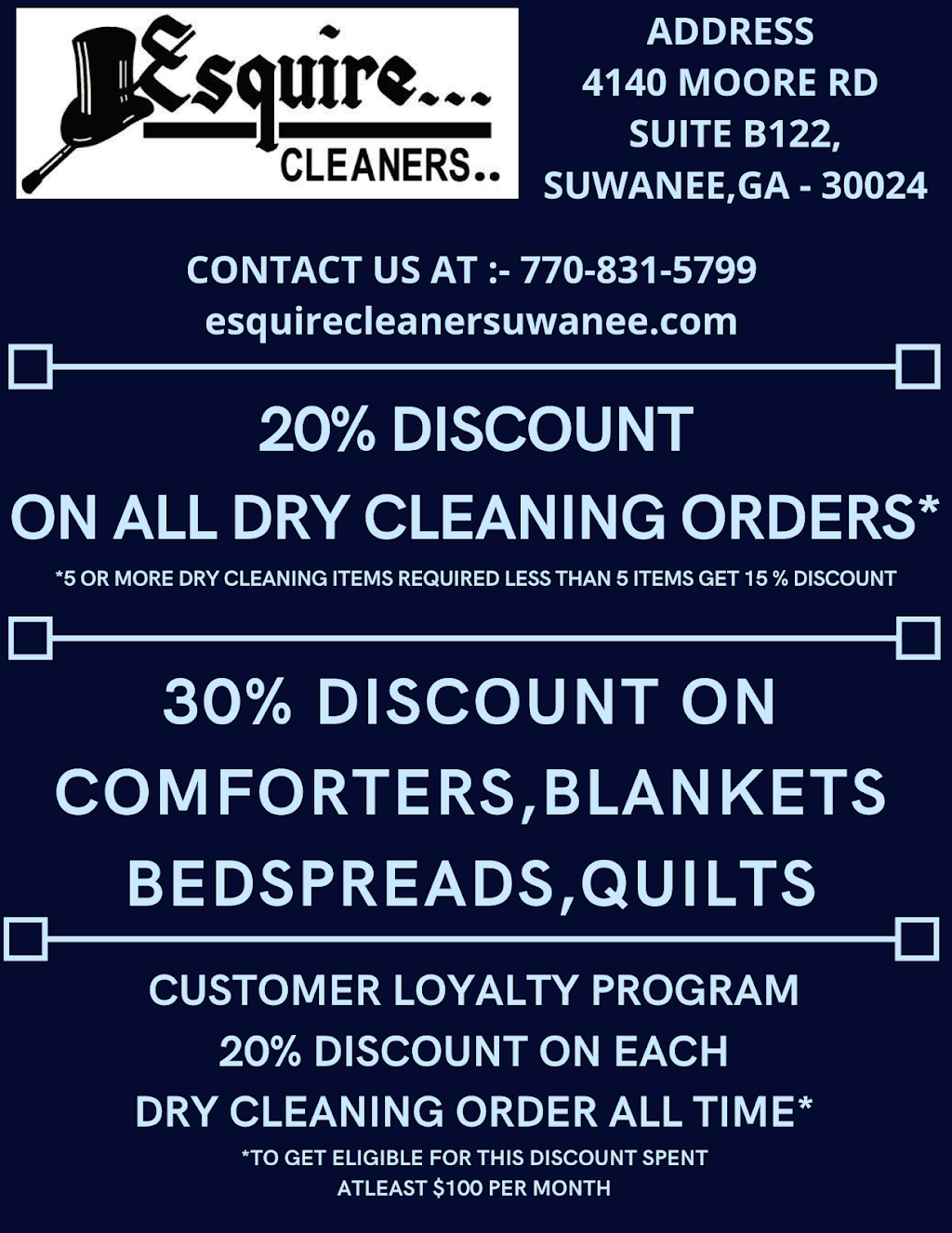 Esquire Cleaners | 4140 Moore Rd Suite B122, Suwanee, GA 30024 | Phone: (770) 831-5799