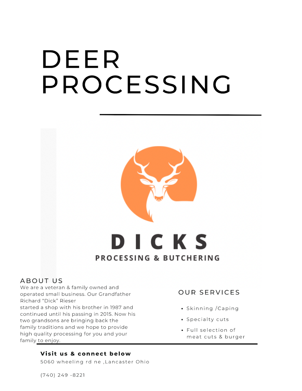 Dicks Processing & Butchering | 5060 Wheeling Rd NE, Lancaster, OH 43130, USA | Phone: (740) 249-8221