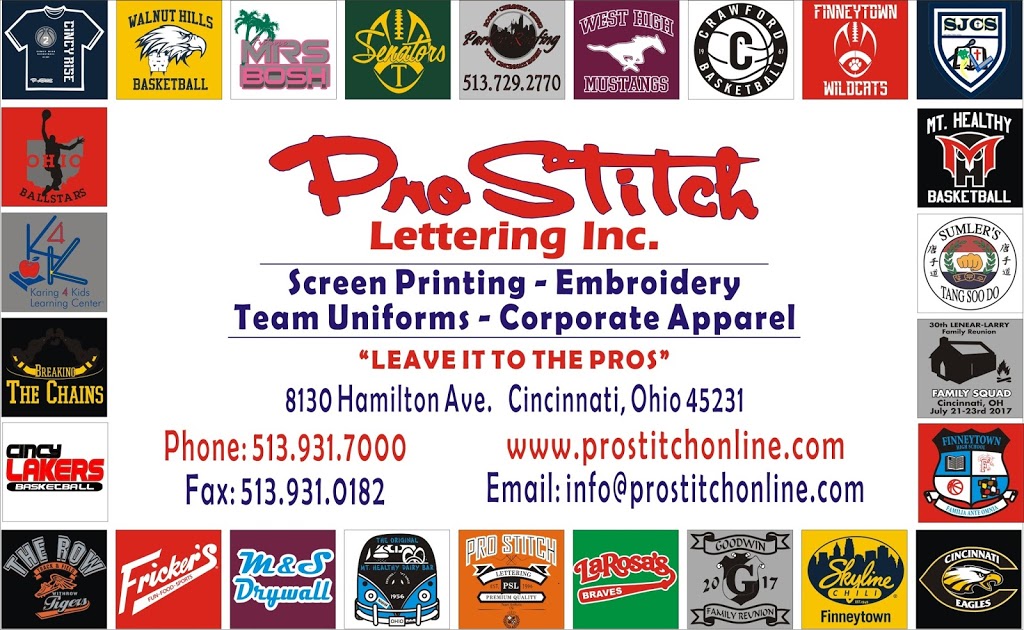 ProStitch Lettering | 8130 Hamilton Ave, Cincinnati, OH 45231, USA | Phone: (513) 931-7000