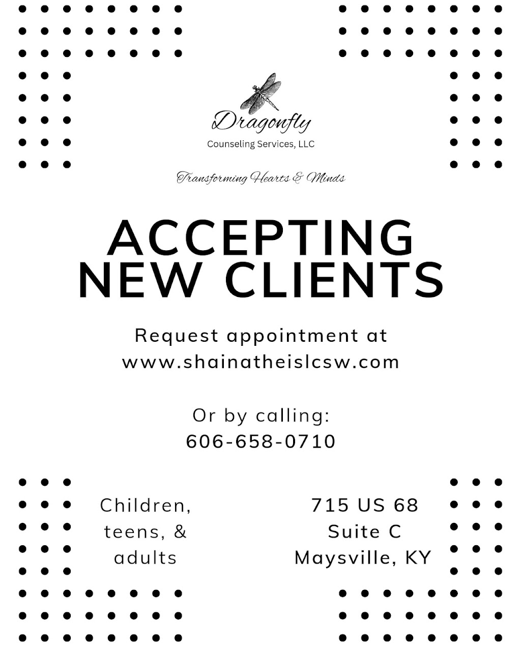 Dragonfly Counseling Services, LLC | 715 US-68 Suite C, Maysville, KY 41056, USA | Phone: (606) 658-0710