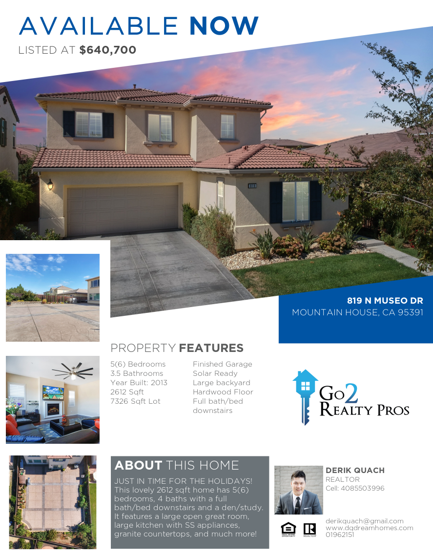 Derik Quach - REALTOR | 57 Alexandria Dr, Mountain House, CA 95391, USA | Phone: (408) 550-3996