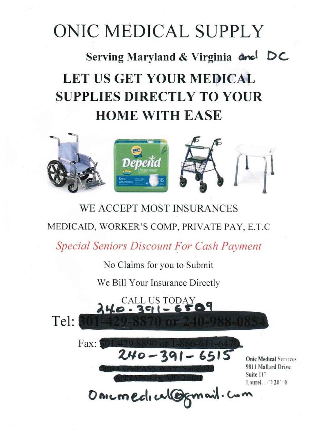 Onic Medical Services | 9811 Mallard Dr #117, Laurel, MD 20708, USA | Phone: (240) 391-6509