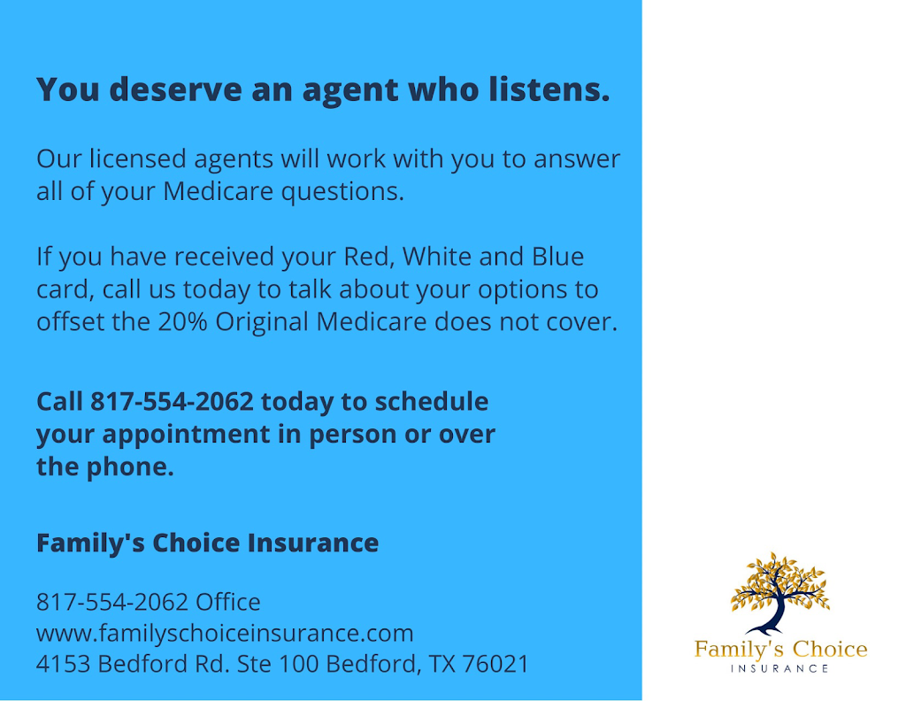 Familys Choice Insurance | 4153 Bedford Rd Suite 100, Bedford, TX 76021, USA | Phone: (817) 554-2062