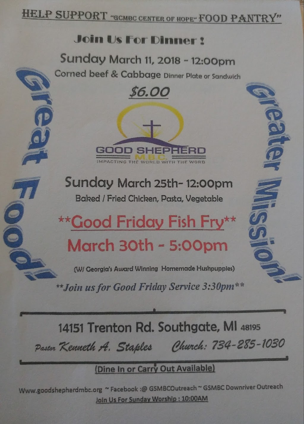 Good Shepherd Missionary Baptist Church | 14151 Trenton Rd, Southgate, MI 48195, USA | Phone: (734) 285-1030