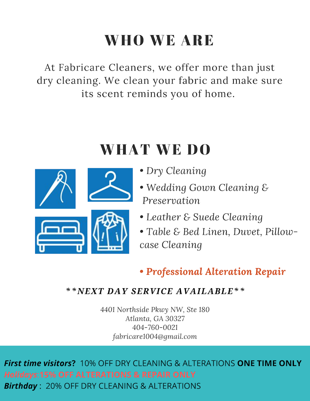 Fabricare Cleaners | 4401 Northside Pkwy NW Ste 180, Atlanta, GA 30327 | Phone: (404) 760-0021