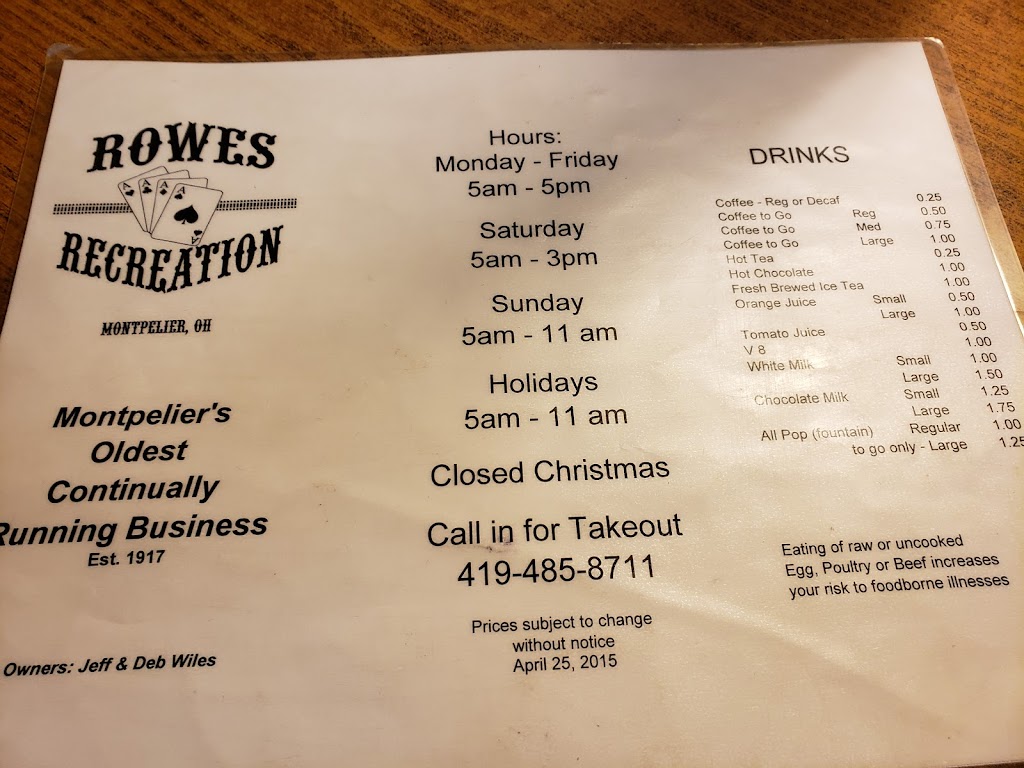 Rowes Recreation | 307 W Main St, Montpelier, OH 43543, USA | Phone: (419) 485-8711