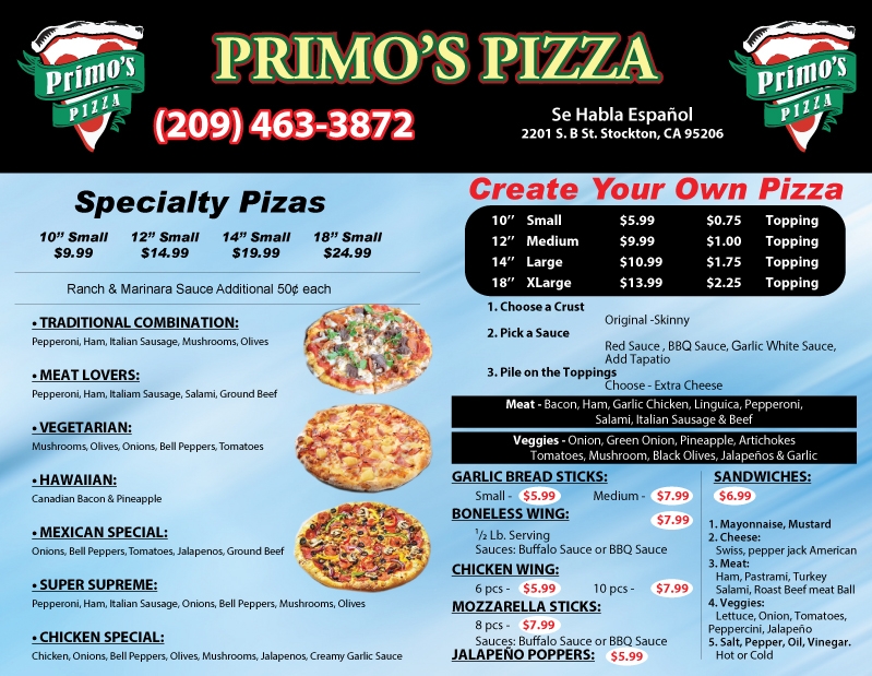 Primos pizza | 2201 S B St, Stockton, CA 95206, USA | Phone: (209) 463-3872