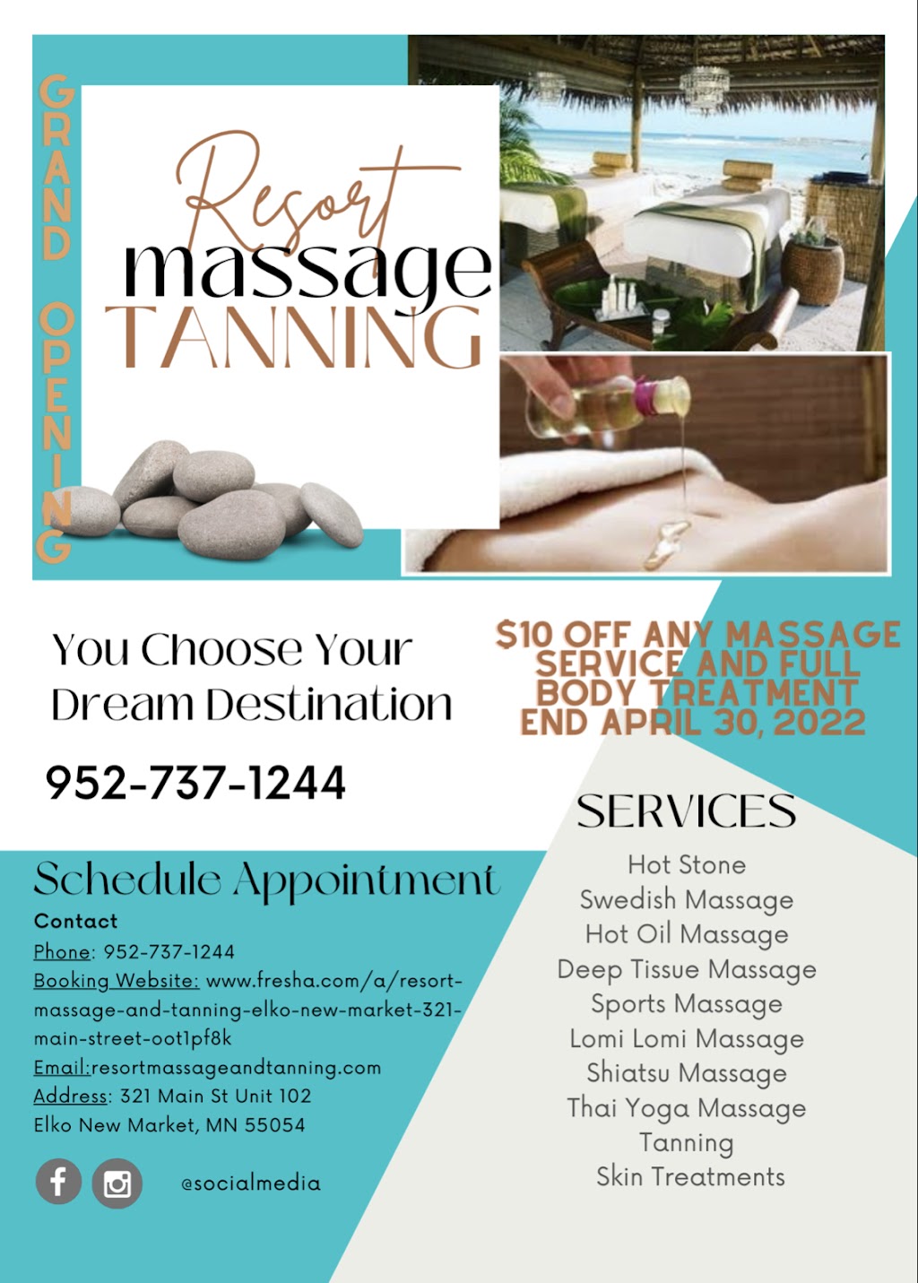 Resort Massage and Tanning | 321 Main St #102, Elko New Market, MN 55054, USA | Phone: (952) 737-1244