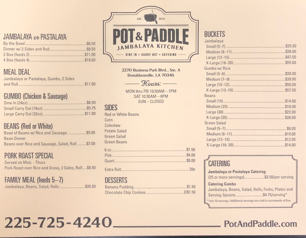 Pot and Paddle Jambalaya Kitchen | 2270 Business Park Blvd, Donaldsonville, LA 70346, USA | Phone: (225) 725-4240