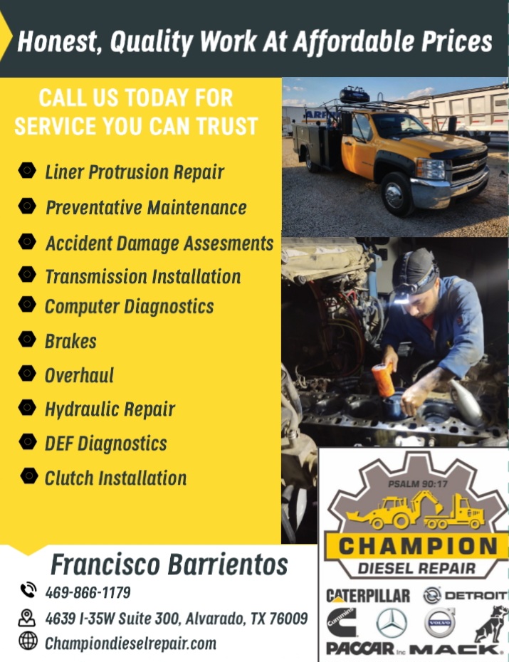 Champion Diesel Repair | 4639 I-35W Suite 300, Alvarado, TX 76009, USA | Phone: (469) 866-1179