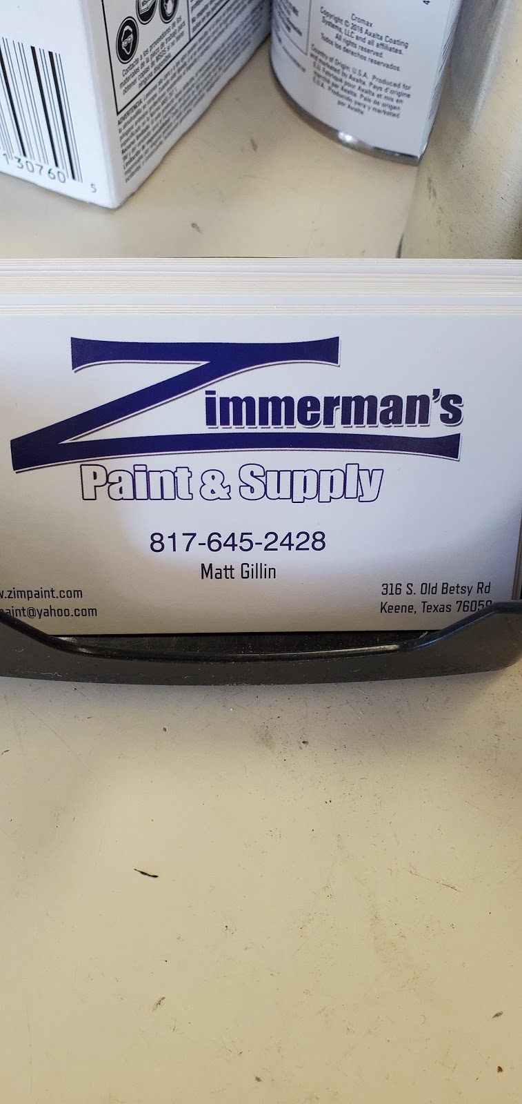 Zimmermans Paint & Supply | 316 S Old Betsy Rd, Keene, TX 76059, USA | Phone: (817) 645-2428