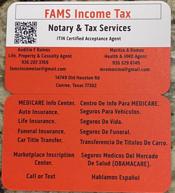 FAMS Income Tax & Insurance Agency LLC | 14749 Old Houston Rd, Conroe, TX 77302, USA | Phone: (936) 207-3769