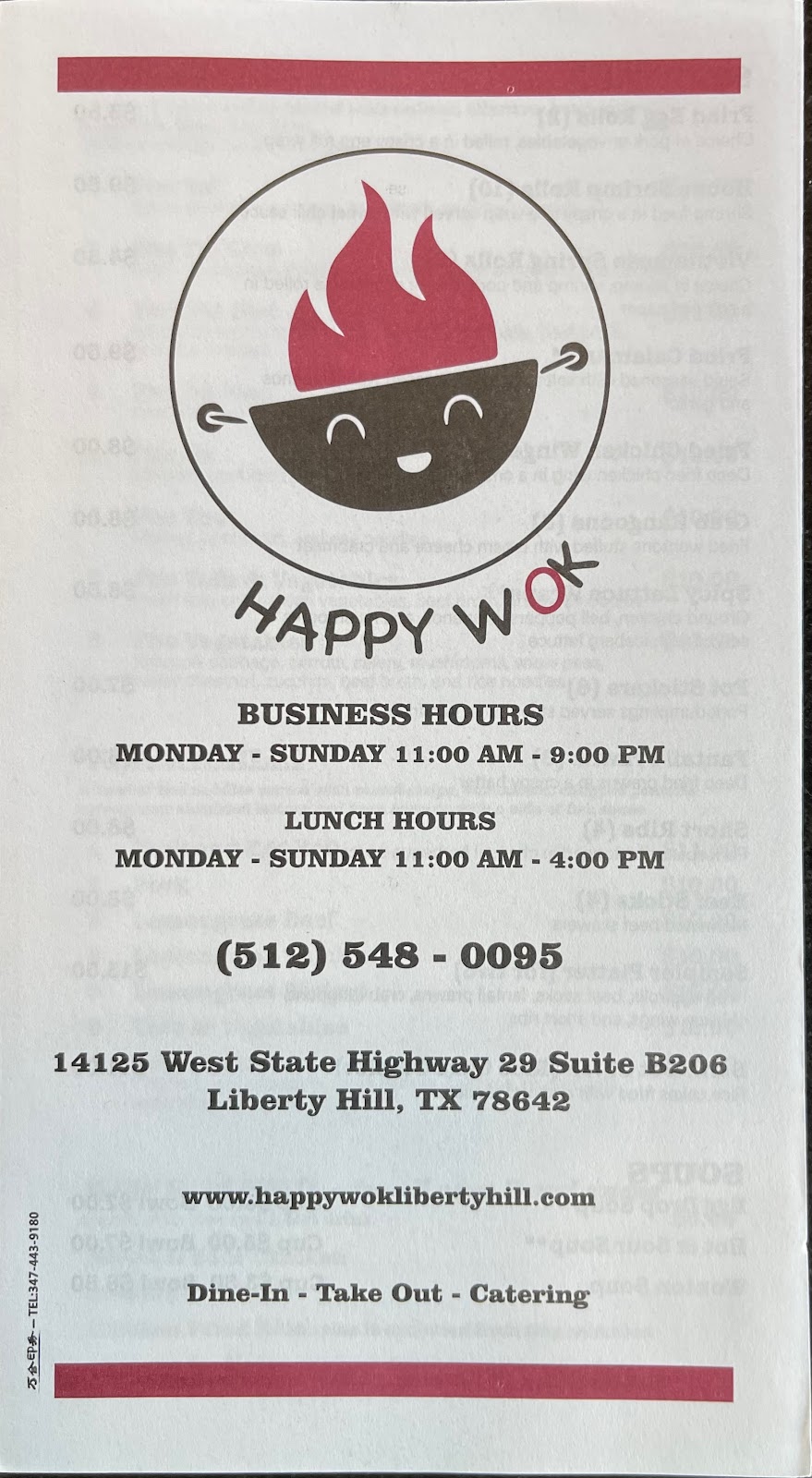 Happy Wok Asian Diner | 14125 W State Hwy 29 B206, Liberty Hill, TX 78642, USA | Phone: (512) 548-0095