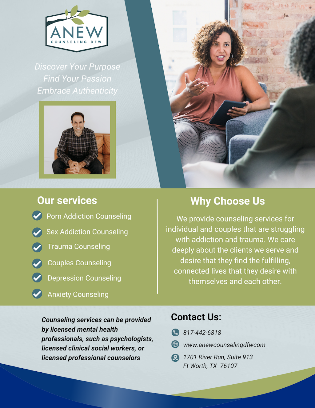 Anew Counseling DFW | 1701 River Run Suite 913, Fort Worth, TX 76107, USA | Phone: (817) 442-6818