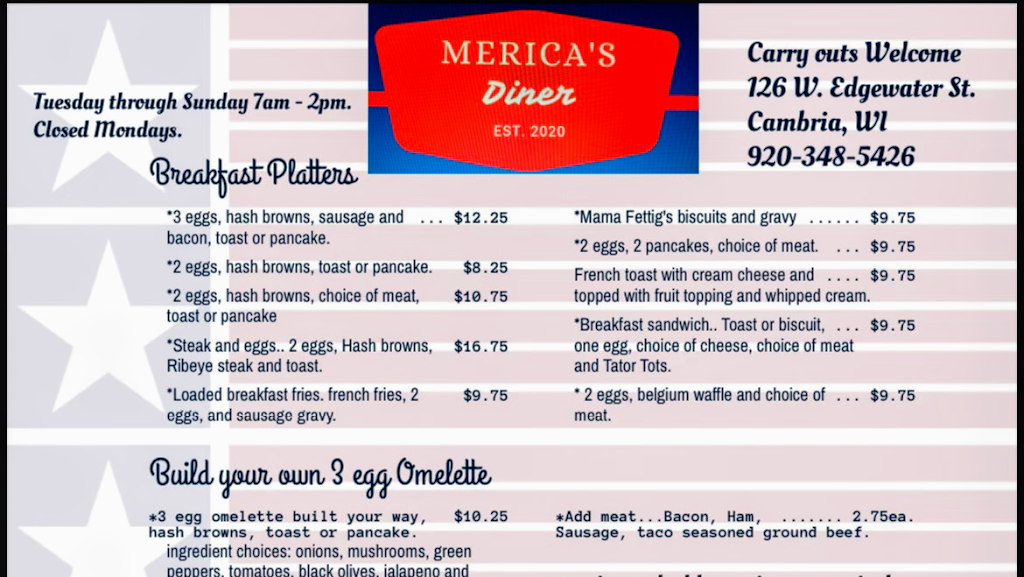 Mericas Diner | 126 W Edgewater St, Cambria, WI 53923, USA | Phone: (920) 348-5426